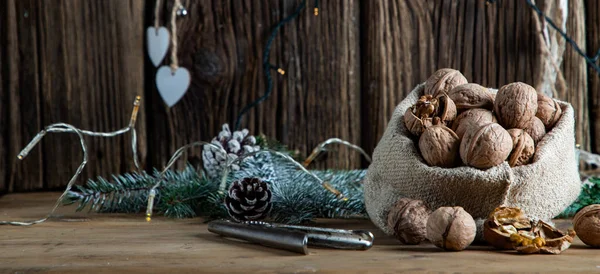 Праздничные Рождественские Орешки Вываливающиеся Мешочка — стоковое фото