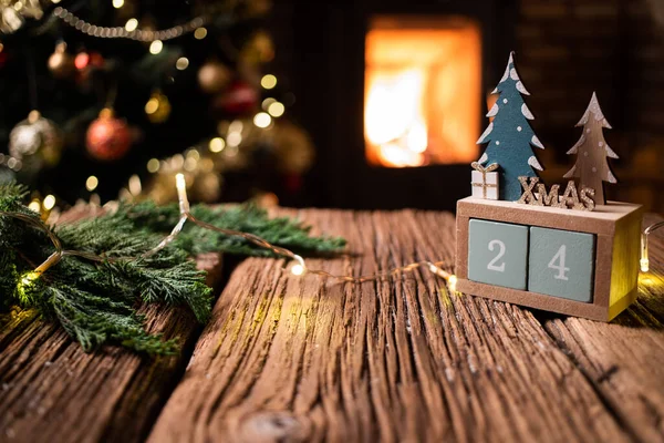 Christmas Decorations Wooden Background Fireplace — Stock Photo, Image