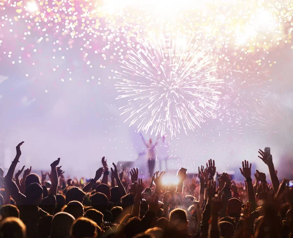 Fireworks Display Crowd Celebrating Happy New Year — Stock Photo, Image