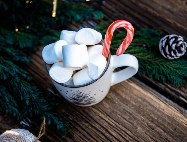 Bebida Quente Natal Com Marshmallow Mesa Madeira — Fotografia de Stock