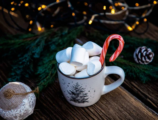 Hot Christmas Drink Marshmallow Wooden Table — Stock Photo, Image