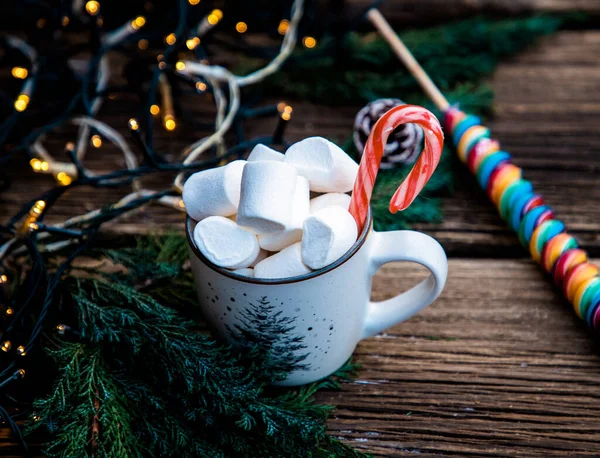 Bebida Caliente Navidad Con Malvavisco Mesa Madera —  Fotos de Stock