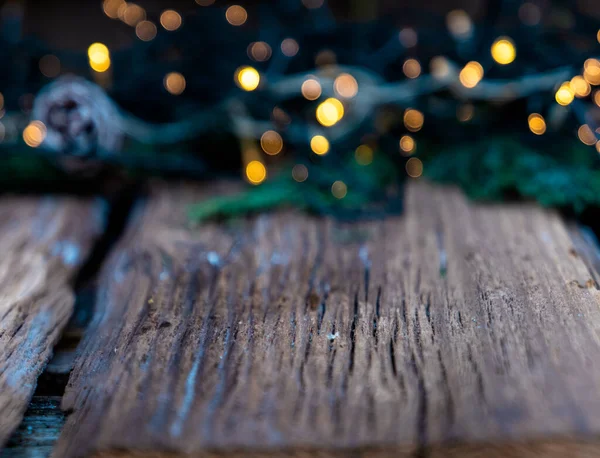 stock image empty wooden table and Christmas lights