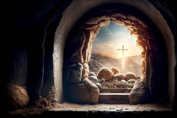 empty tomb of Jesus Christ at sunrise resurrection