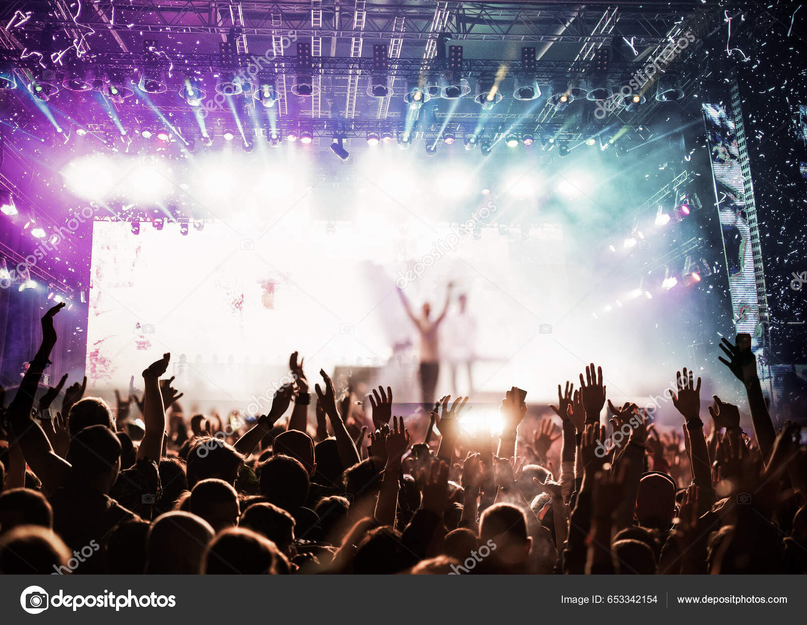 Crowd Partying Stage Lights Live Concert Summer Music Festival.