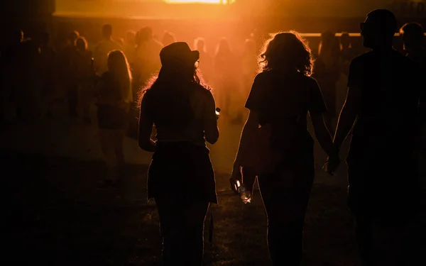 Силуэты Людей Гуляющих Празднике Заката — стоковое фото