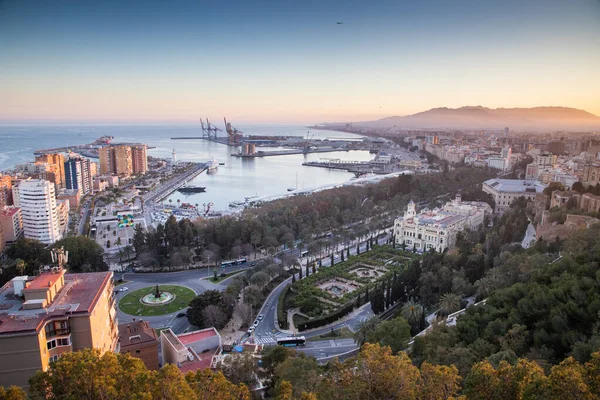 Blick Über Malaga Bei Sonnenuntergang Reisebanner — Stockfoto