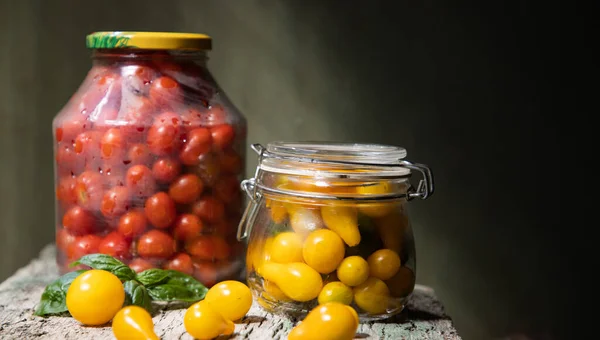 Red Yellow Cherry Tomatoes Jar Winter — Stock Photo, Image
