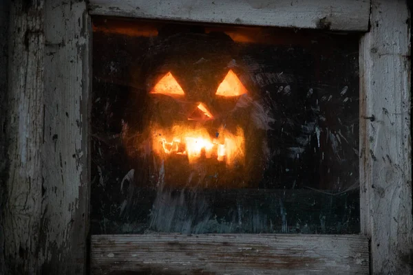 Scary Halloween Pumpkin Glowing Window Night — Stock Photo, Image