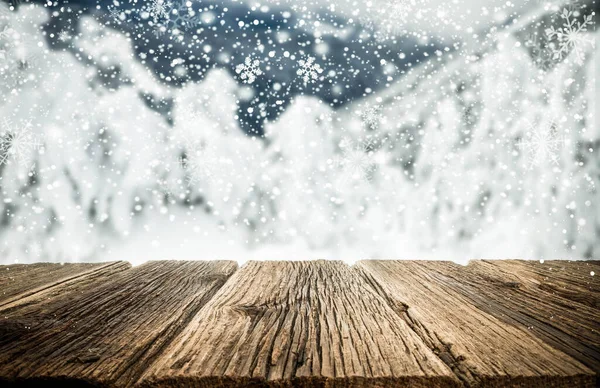 Semester Banner Med Trä Bord Och Snöiga Gran Träd Jul — Stockfoto