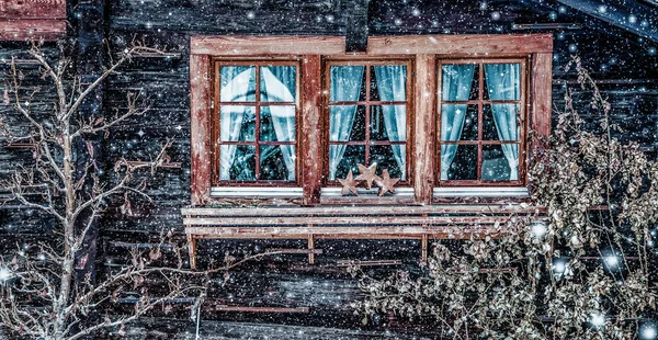 Cabana Madeira Tradicional Suíça Queda Neve — Fotografia de Stock