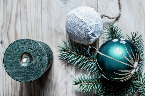 Vista Superior Decorações Natal Bege Verde Aconchegante Casa Hygge — Fotografia de Stock
