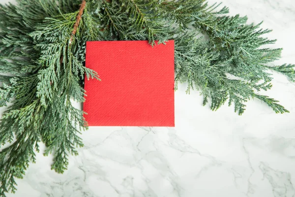 緑の火の枝の赤いクリスマスカード — ストック写真