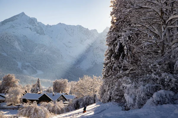 Inverno Pequena Aldeia Alemã Coberta Neve Garmish Partenkirchen — Fotografia de Stock