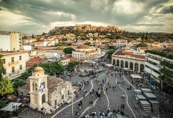 Antenni Panoraamanäkymät Monastirakin Aukiolle Akropoliin Auringonlaskun Aikaan Ateenassa Kreikka — kuvapankkivalokuva