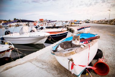 Gündoğumunda bir Yunan adasında tekne