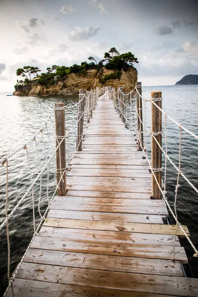 Wooden Footbridge Leading Small Island Agios Sostis Zakynthos Greece Sunny — Stock Photo, Image