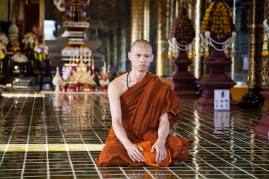 Budist keşiş tapınakta meditasyon yapıyor.