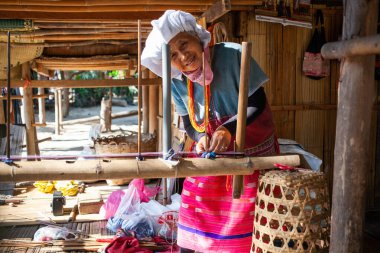 CHIANG MAI THAILANDAN - Şubat 2019: tepe kabilesindeki kadın mallarını Chiangmai, Tayland yakınlarındaki Baan Tong Luang eko köyünde satıyor.