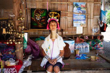CHIANG MAI THAILANDAN - Şubat 2019: tepe kabilesinden Karen denen kadın mallarını Chiangmai, Tayland yakınlarındaki Baan Tong Luang eko köyünde satıyor.