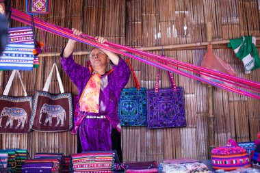 CHIANG MAI THAILANDAN - Şubat 2019: tepe kabilesindeki kadın mallarını Chiangmai, Tayland yakınlarındaki Baan Tong Luang eko köyünde satıyor.