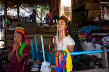CHIANG MAI THAILANDAN - Şubat 2019: tepe kabilesinden Karen denen kadın mallarını Chiangmai, Tayland yakınlarındaki Baan Tong Luang eko köyünde satıyor.