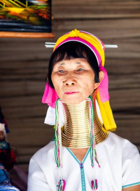 CHIANG MAI THAILANDAN - Şubat 2019: tepe kabilesinden Karen denen kadın mallarını Chiangmai, Tayland yakınlarındaki Baan Tong Luang eko köyünde satıyor.