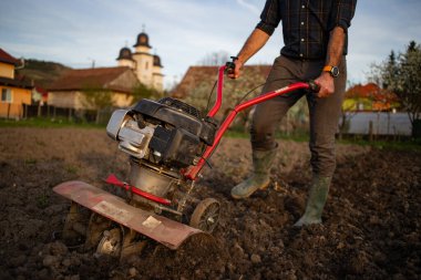 Organik çiftçiler gün batımında toprağı sürerler. Bir dümenciyle toprağı ekime hazırlarlar.