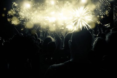 Yeni yıl konsepti - kalabalığı ve havai fişekleri neşelendirmek
