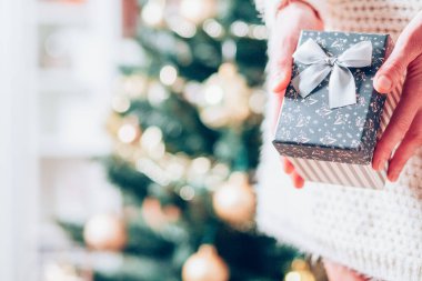 Noel hediyesi kutusunu Noel ışıklarının önünde tutan el.