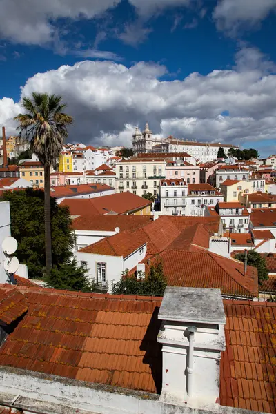 Lizbon, Portekiz 'in ufuk çizgisinin panoramik manzarası, Alfama bölgesindeki birçok renkli ev