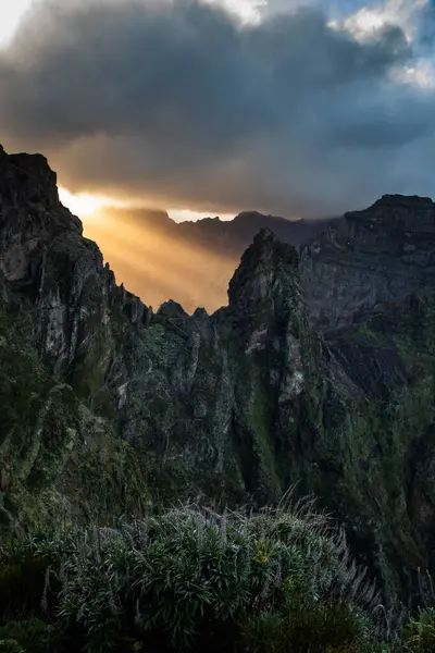 Portekiz 'in Madeira adasının en yüksek noktası olan Arieiro tepesi yakınlarındaki dağ ve kayaların manzarası