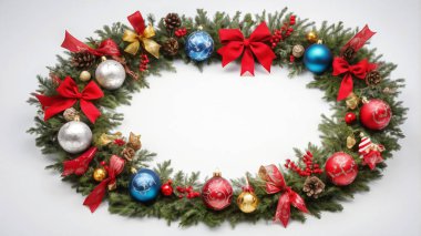 Noel çerçevesi köknar dallarından ve beyaz arka planda takılanlardan yapılmıştır