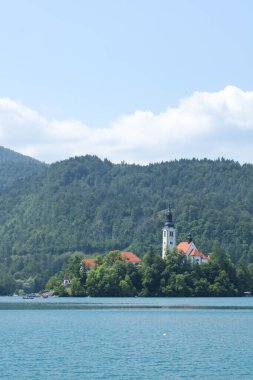 Bled Island 'daki Varsayım Kilisesi ve etrafındaki ağaçlar uzak mesafeden görüldü..