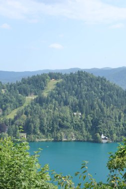 Bereketli yeşil bir yamaç berrak bir gökyüzünün altındaki açık mavi bir göle iniyor..