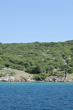 Kayalık bir sahil şeridindeki yeşil bir deniz feneri direğinin yanında yıpranmış bir taş ev duruyor. Engebeli manzara ve parlak mavi gökyüzü doğa ve unutulmuş insan yapıları arasındaki zıtlığı vurgular..