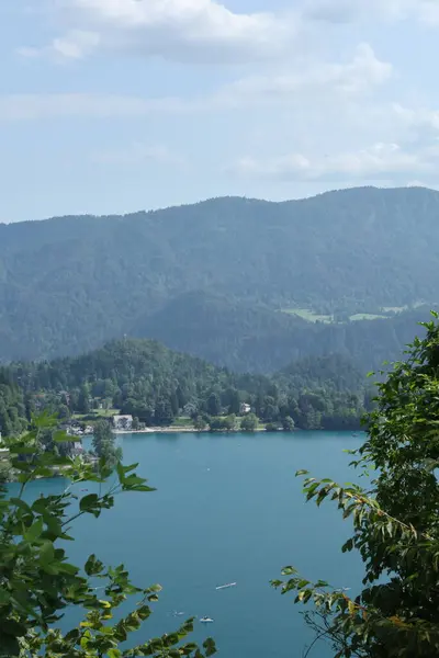 Ormanlık tepeler ve uzak dağlarla çevrili sakin mavi bir göl manzarası..