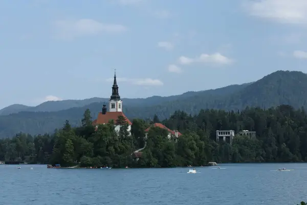 Bled Island 'daki ikonik kiliseye daha yakından bakın. Detaylı mimari ve arka plan ormanı var..