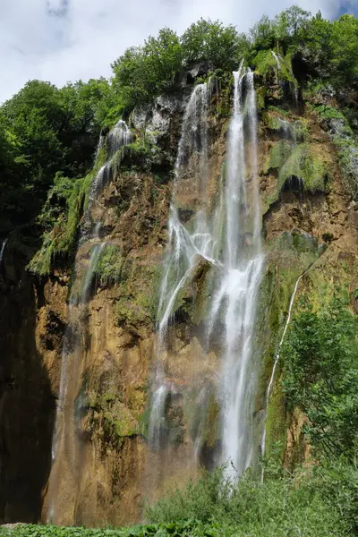 Parlak yeşil yapraklarıyla kayalık bir uçurumun üzerinden akan bir şelale gün ışığında parıldıyor..