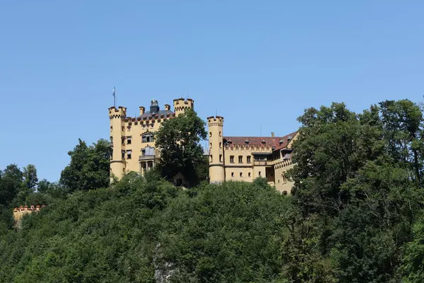 Yeşil ormanlık bir tepenin tepesine tünemiş tarihi sarı bir kale berrak mavi bir yaz gökyüzünün altında..