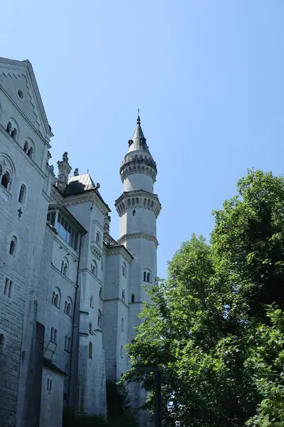Güneşli bir günde açık mavi gökyüzü ile yeşil ağaçların arkasında görünen kuleleri olan görkemli bir taş kale..