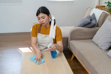 Genç modern Asyalı kadın evde temizlik yapıyor. Kendinden emin.