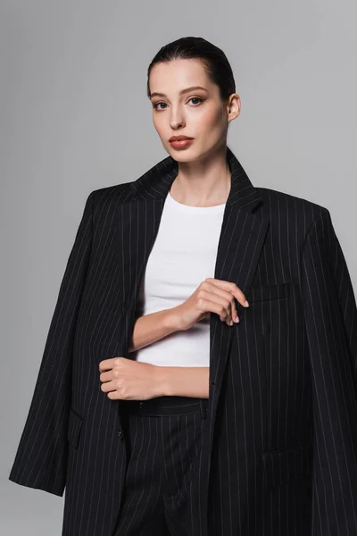 Portrait Stylish Brunette Model Wearing Jacket Isolated Grey — Stock Photo, Image