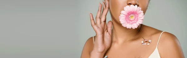 Cropped View African American Woman Flowers Body Gerbera Mouth Isolated — Stock Photo, Image