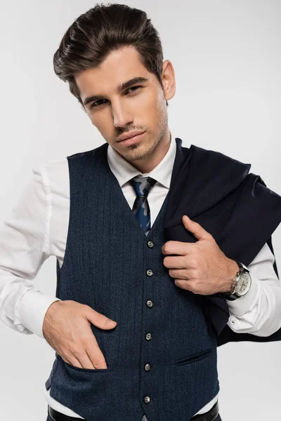 Portrait Businessman Formal Wear Holding Blazer Looking Camera Isolated Grey — Stock Photo, Image