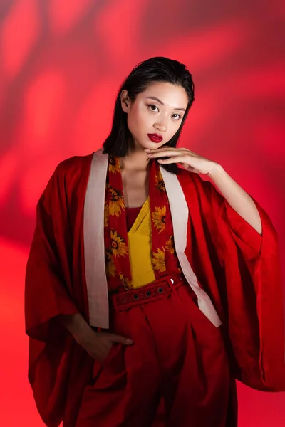 Elegant Asian Woman Kimono Cape Scarf Floral Print Standing Hand — Stock Photo, Image