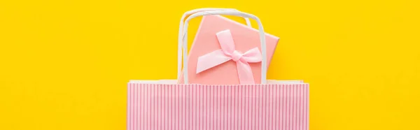 Top View Pink Present Striped Shopping Bag Yellow Background Banner — Stock Photo, Image