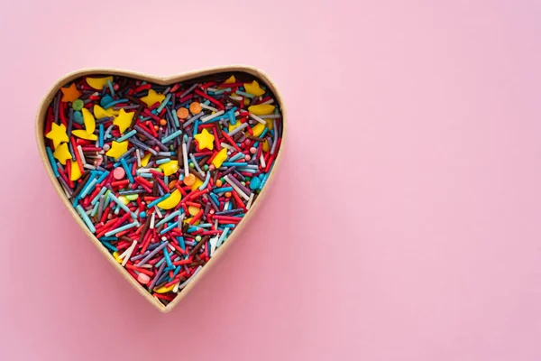 Top View Sweet Sprinkles Heart Shaped Gift Box Pink Background — Stock Photo, Image