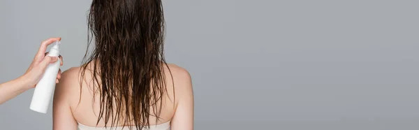 Saç Stilisti Elinde Ilaç Şişesi Ile Gri Pankartta Islak Saçlı — Stok fotoğraf