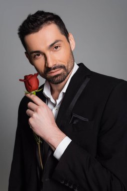 Resmi giysili sakallı adamın portresi gri üzerinde kırmızı gül taşıyordu. 
